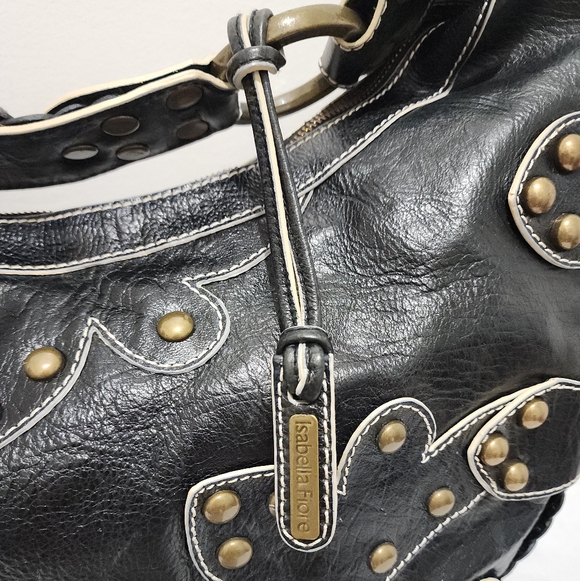 Isabella Fiore Black Leather Studded Braided Hobo Shoulder Bag Boho Western Chic - Picture 14 of 15